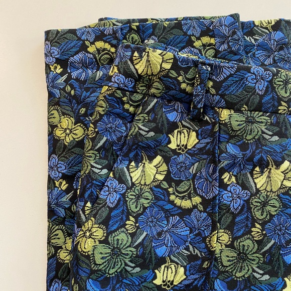Anthropologie Current Air Bluebell Jacquard Pants Blue Yellow Floral Motif - Picture 9 of 12